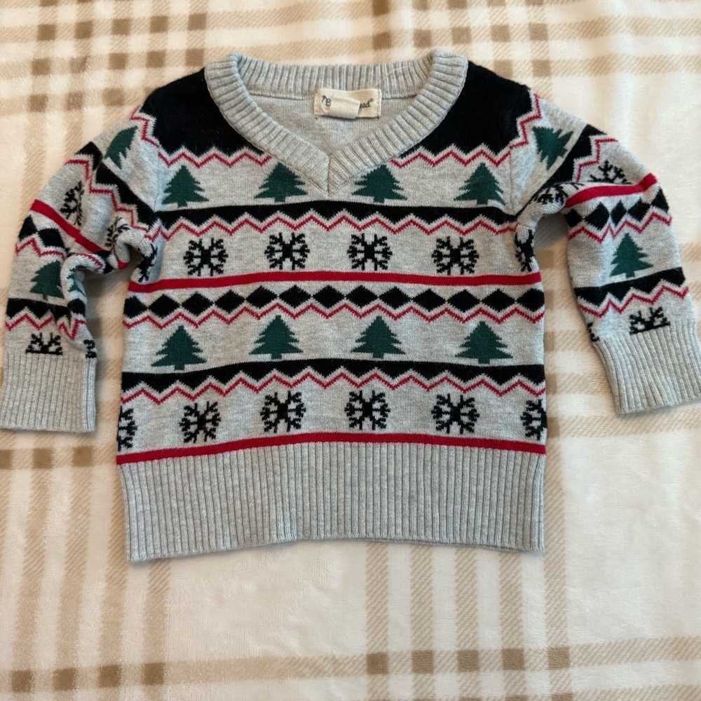 Beetle & Thread Baby Fair Isle Christmas Tree Snowflake Knit Sweater Gray 0-3M